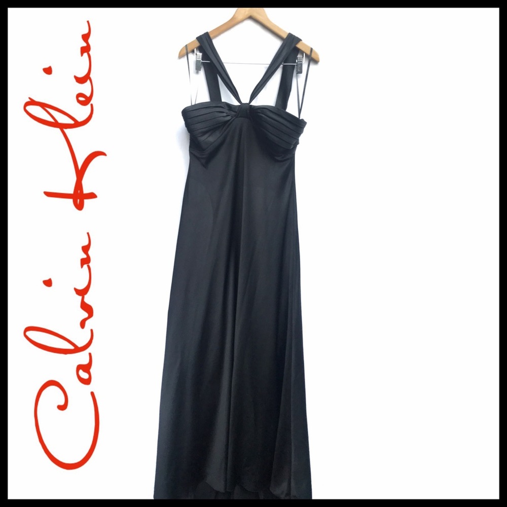 Calvin Klein Black Satin V-Strap Gown with Train